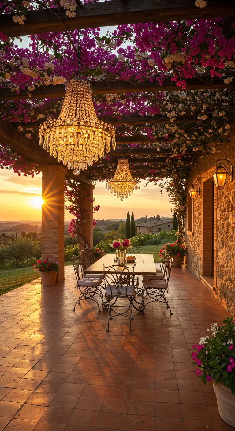 Crystal chandeliers hang from a bougainvillea-covered pergola on a Tuscan patio at sunset.