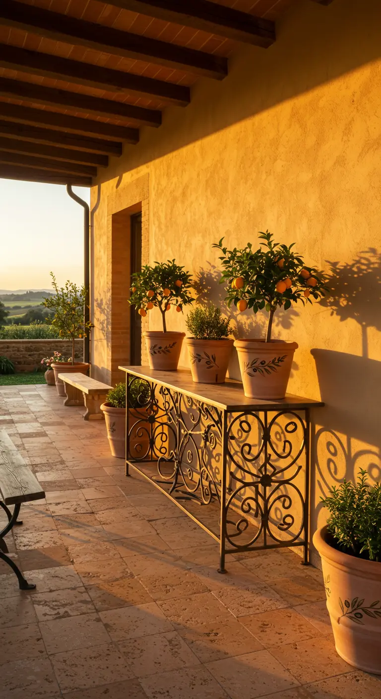 Terracotta planters with orange trees on a wrought iron console table during a golden sunset.