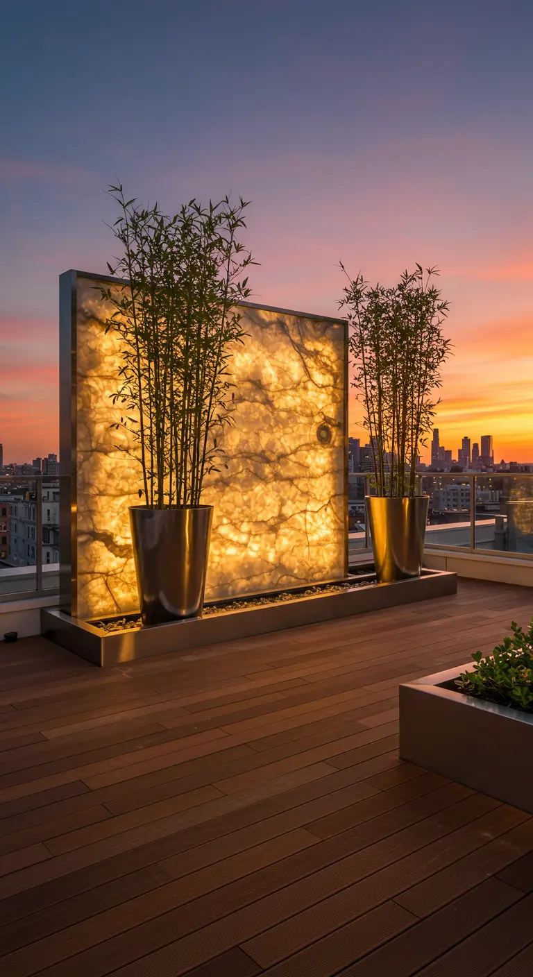 Rooftop deck at sunset with a large, glowing alabaster panel behind two bamboo planters.
