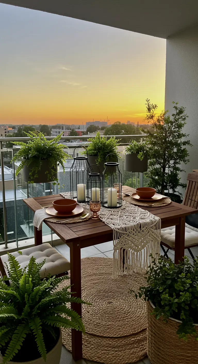 Balcony dining table with black lanterns and ferns at sunset.