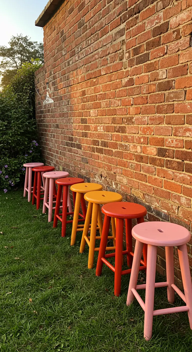 A row of stools painted in a sunset gradient from pink to orange against a brick wall.