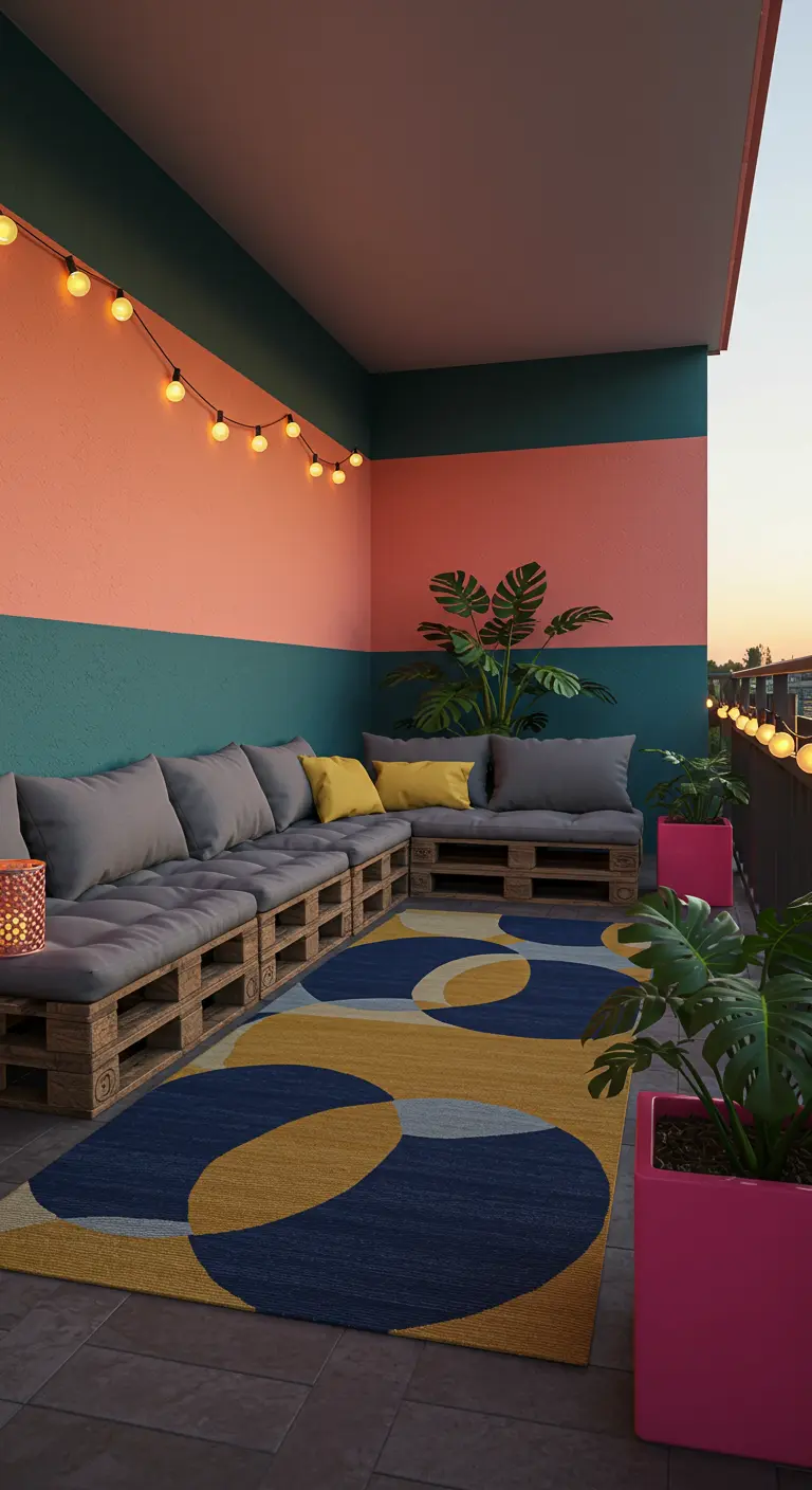 Pallet sofa on a balcony with a two-tone pink and teal wall and round geometric rug.