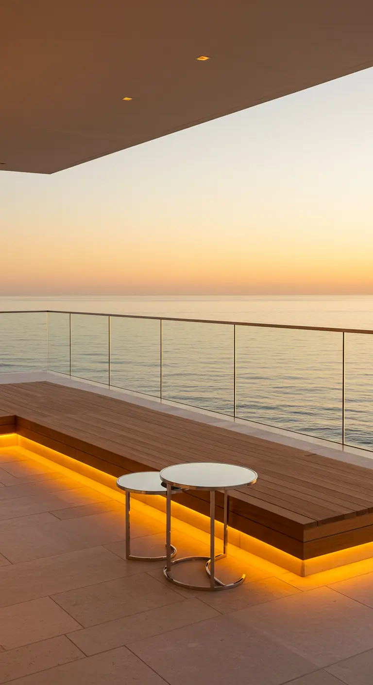 Modern balcony with a wooden bench lit from below, overlooking the ocean at sunset.