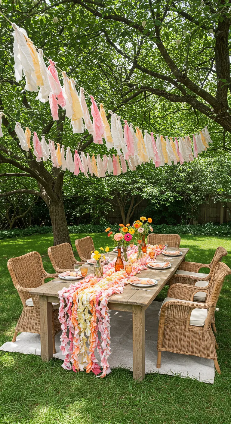 Outdoor dining table with pink, yellow, and white fabric garlands overhead.