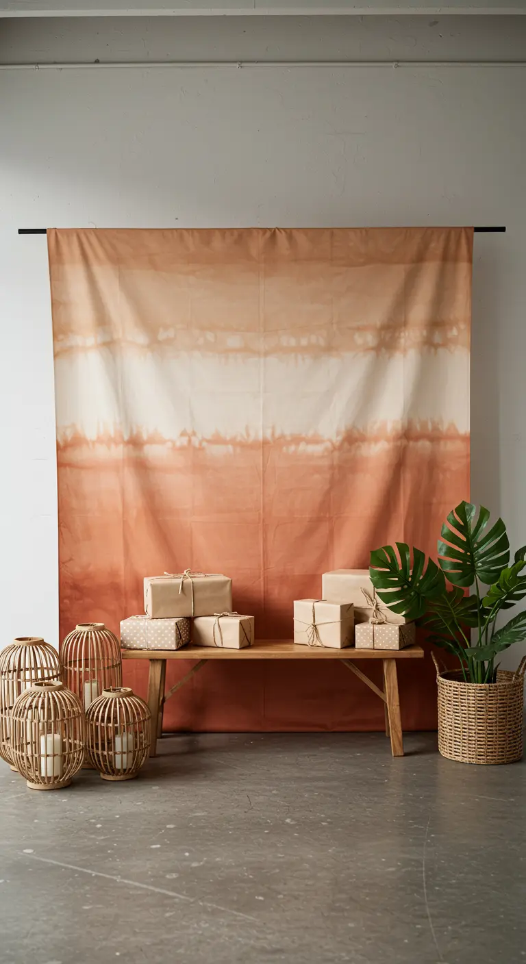 A large dip-dyed fabric backdrop in shades of terracotta and cream hangs behind a wooden bench.