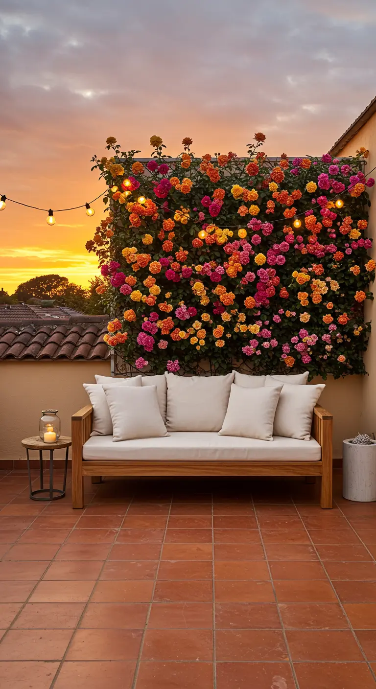 A rooftop patio with a wall of vibrant orange, yellow, and pink roses behind a modern wooden sofa.