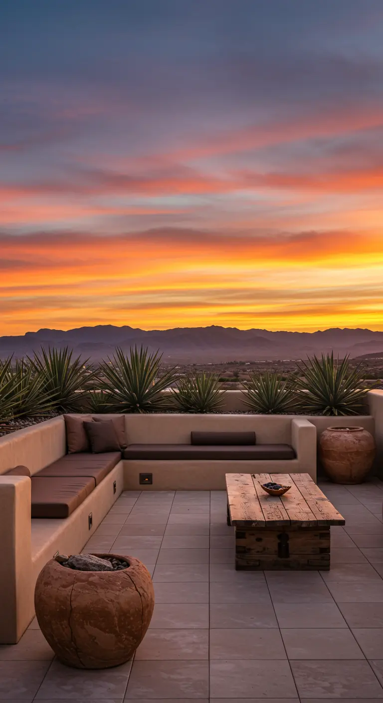 A rooftop terrace with built-in seating overlooking a dramatic desert sunset.