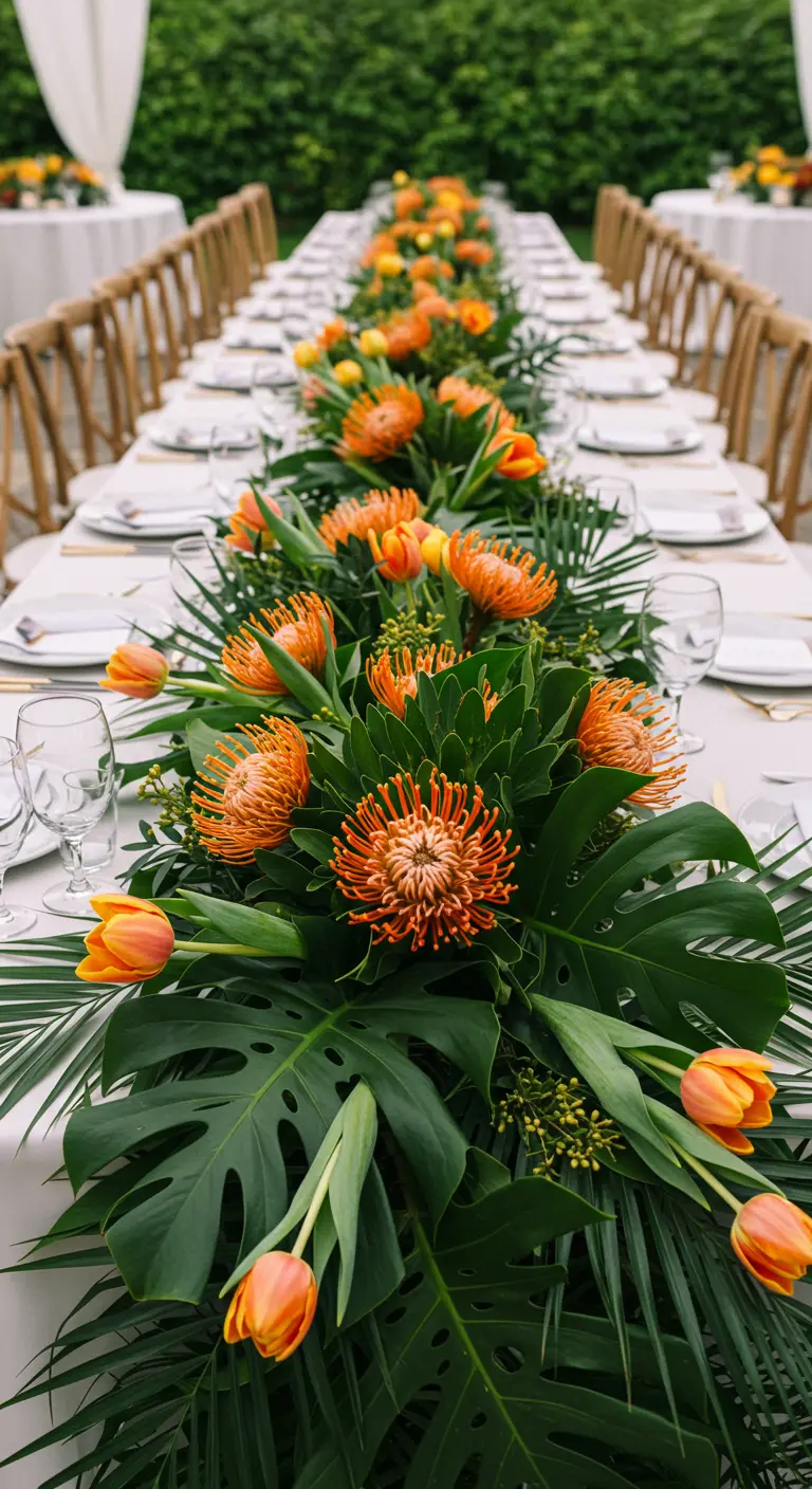 A long wedding table with a runner made of monstera leaves and orange pincushion protea flowers.