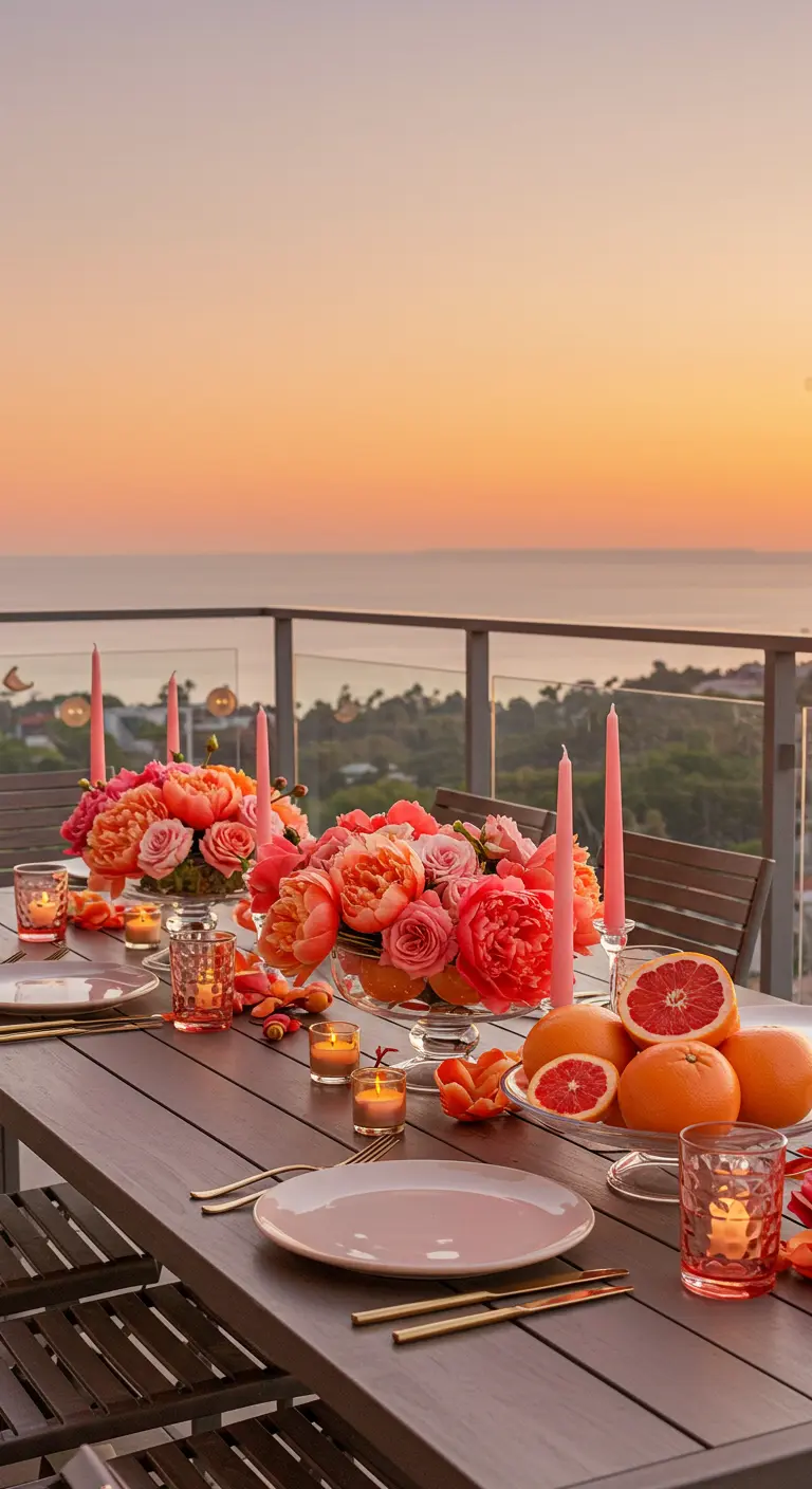 A tablescape overlooking the ocean at sunset with coral peonies and sliced grapefruit.