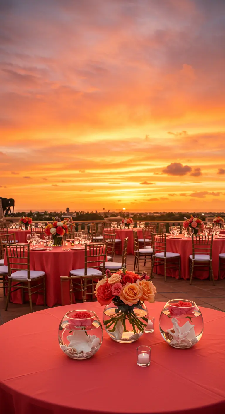Coral-colored wedding tables with rose centerpieces reflecting a fiery sunset.