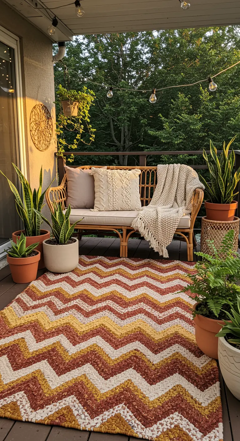 Boho-style deck with a warm-toned chevron rug, rattan loveseat, and potted snake plants.