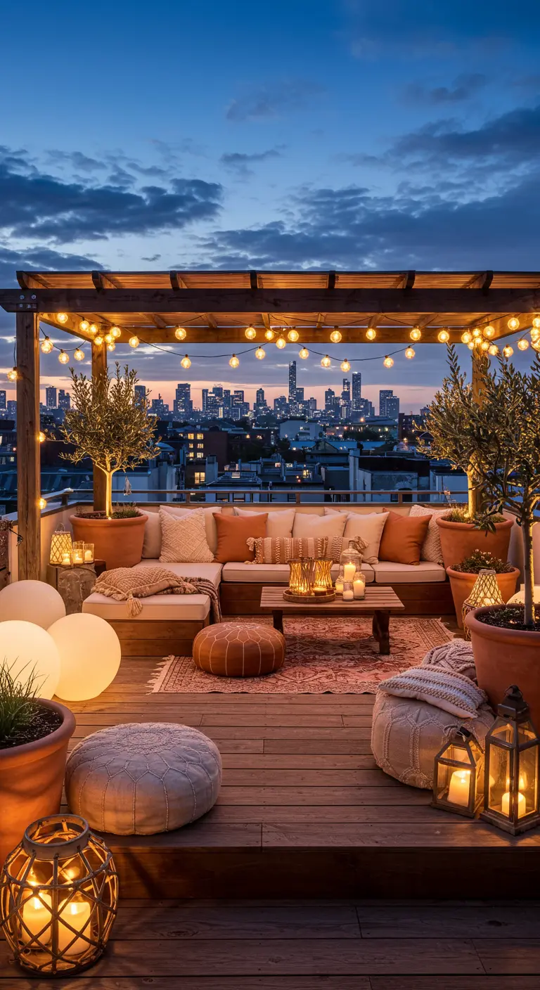 Cozy rooftop lounge at dusk with string lights, glowing orbs, and a city skyline view.