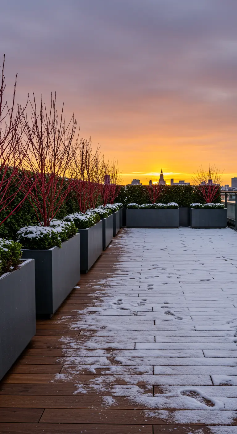 A row of modern planters on a snowy rooftop with red-twig dogwood glowing against a sunset.