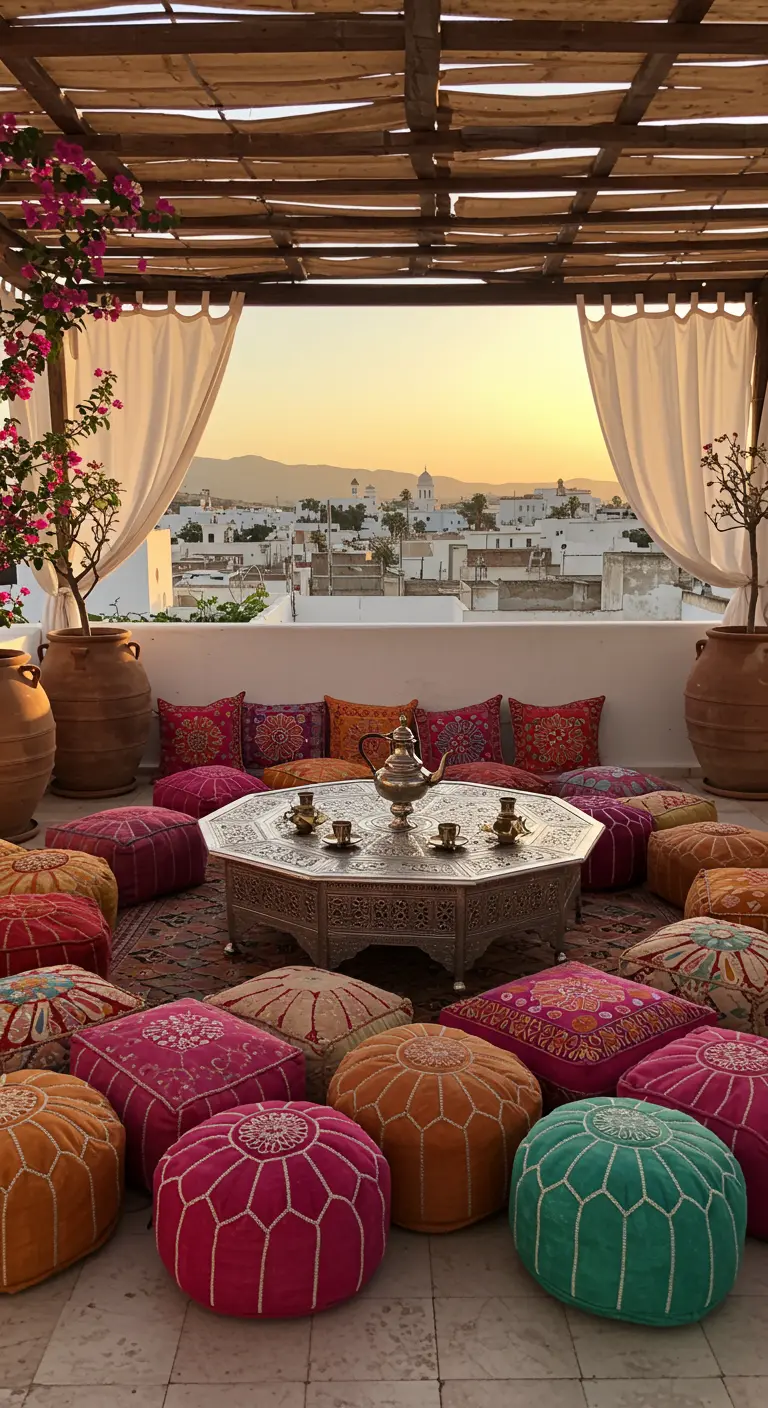 Rooftop terrace with colorful poufs overlooking a town at sunset.