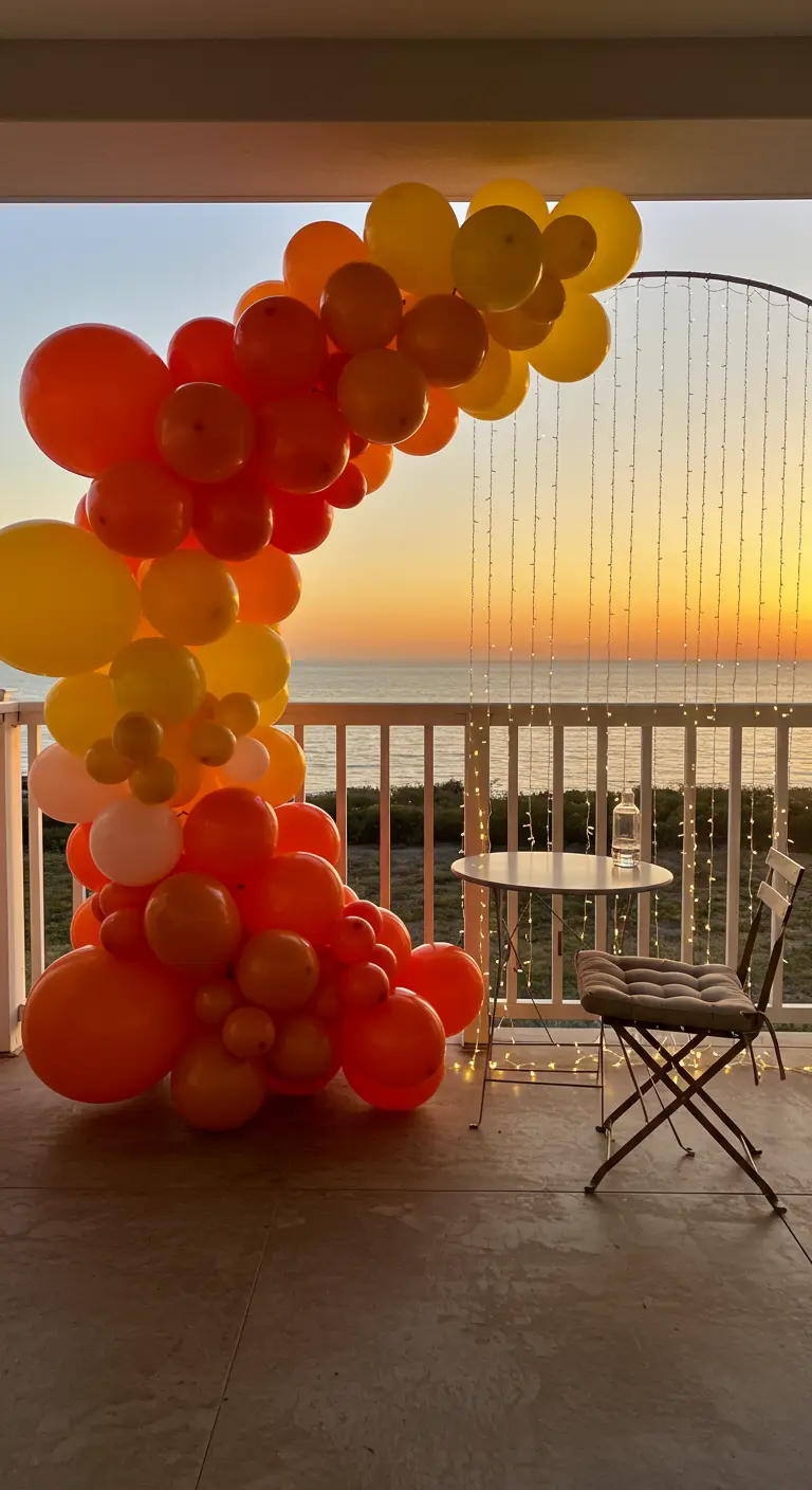 An orange and yellow balloon arch on a balcony, framing a beautiful sunset over the ocean.