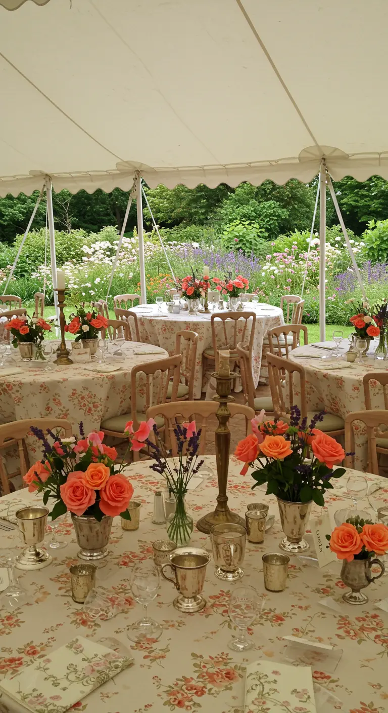 English garden party table with a floral tablecloth, coral roses, and lavender.