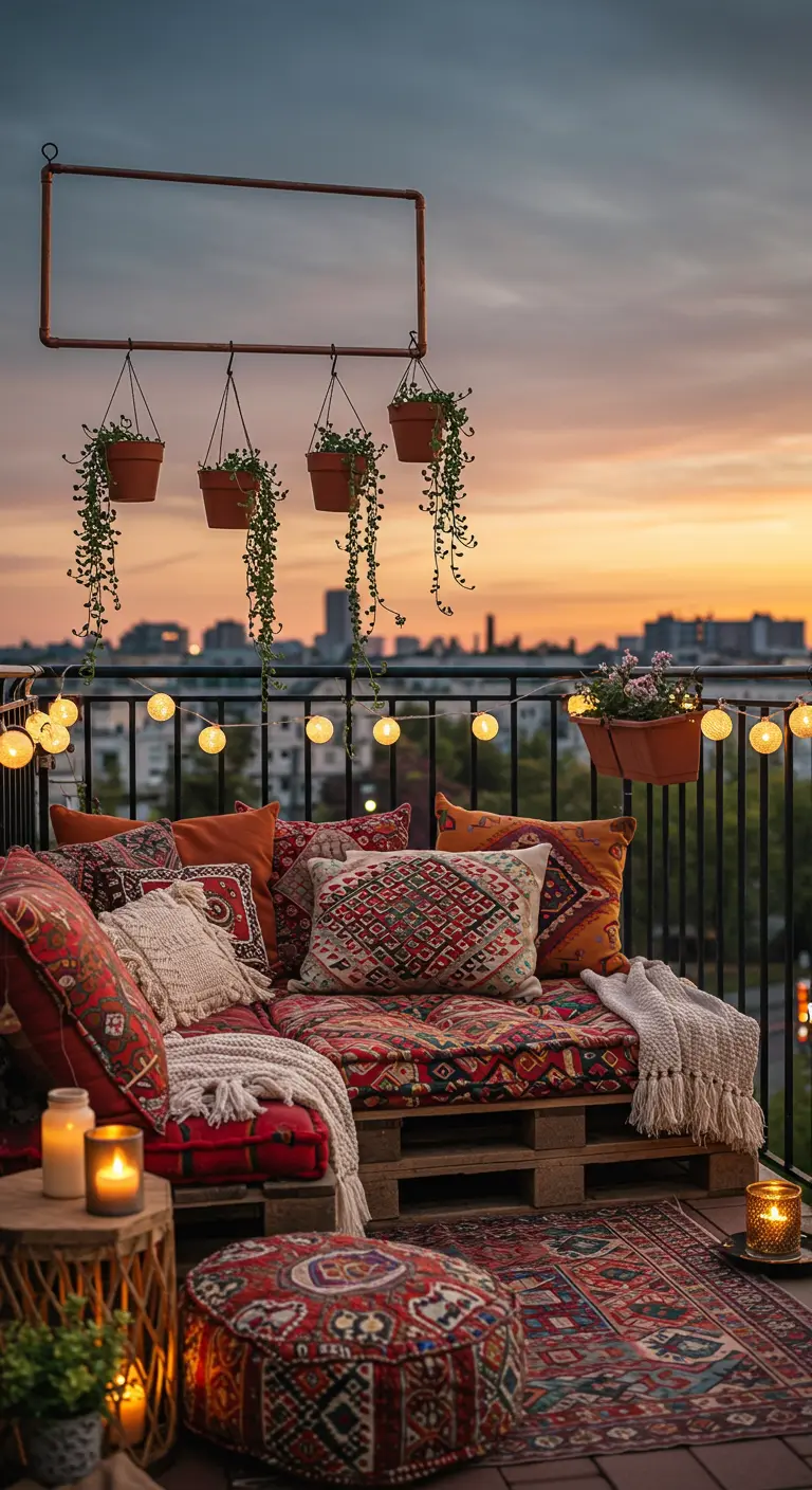 Boho balcony with pallet sofa, red patterned cushions, and hanging plants against a sunset.