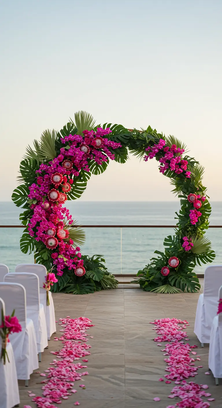 A circular floral wedding arch with pink orchids and protea overlooking the ocean at sunset.
