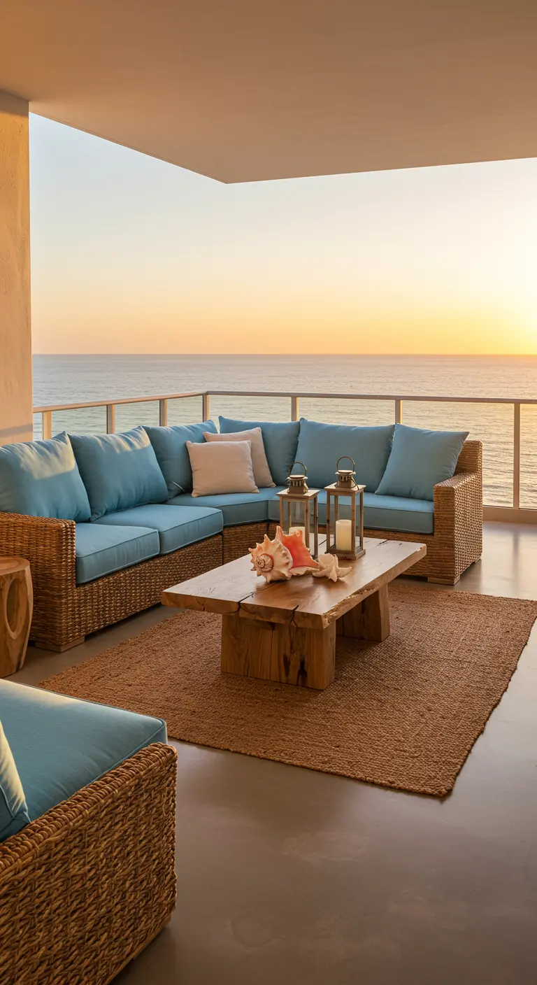 Wicker sectional with blue cushions and a driftwood table on a balcony overlooking the ocean at sunset.