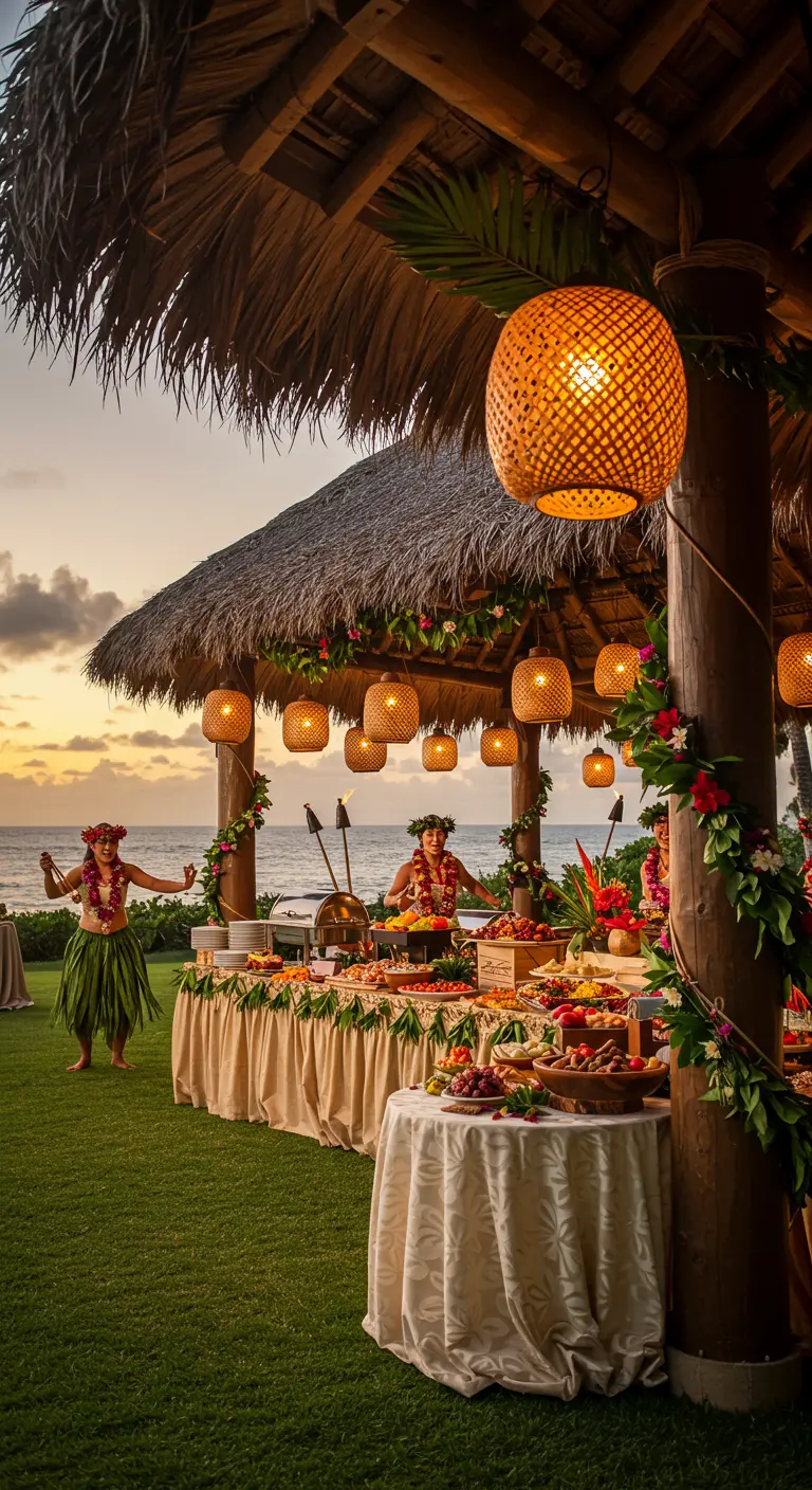 A luau buffet at sunset, illuminated by tiki torches and hanging woven lanterns.