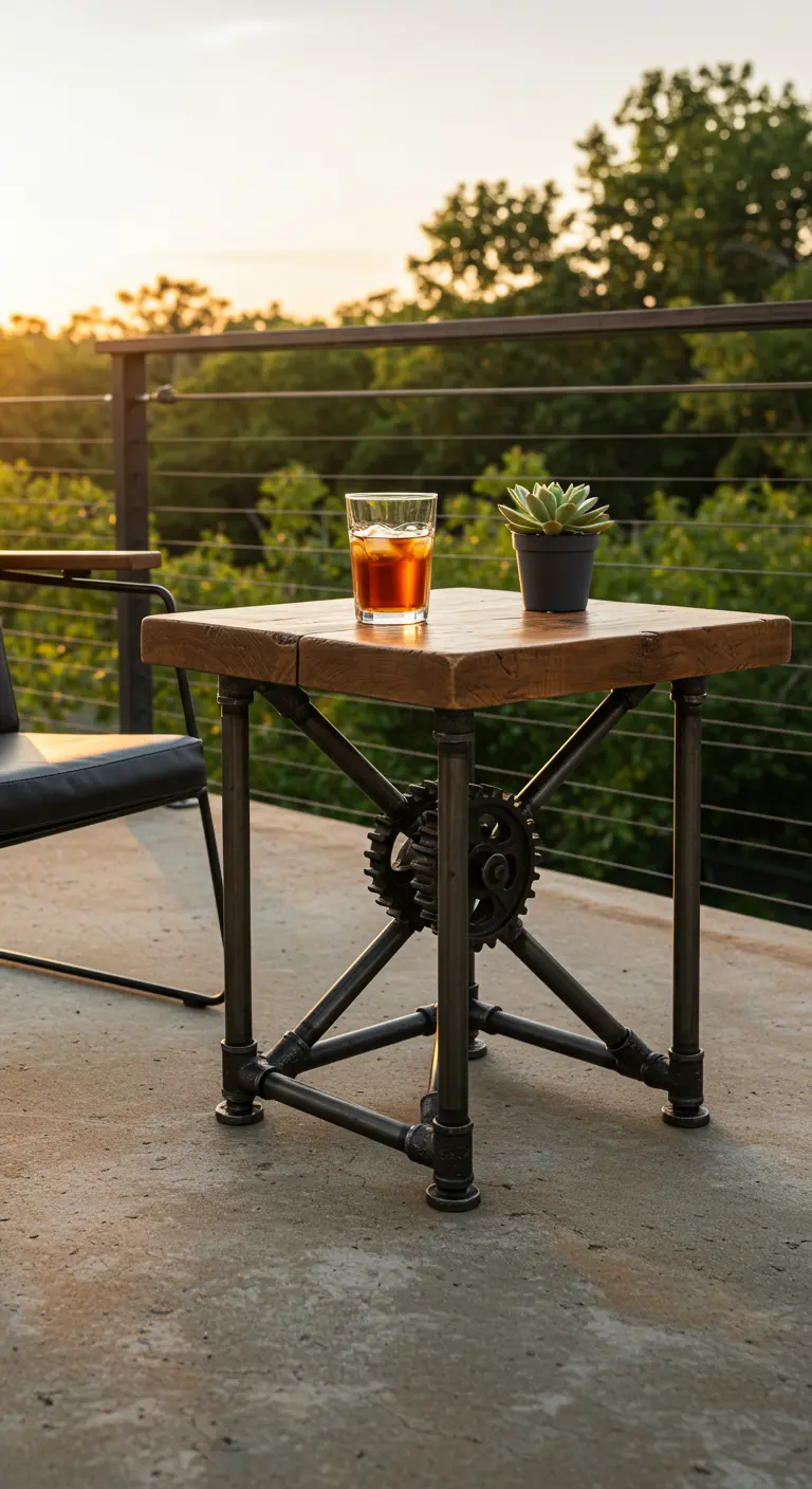 Industrial side table with pipe legs and a single gear detail on a concrete patio at sunset.