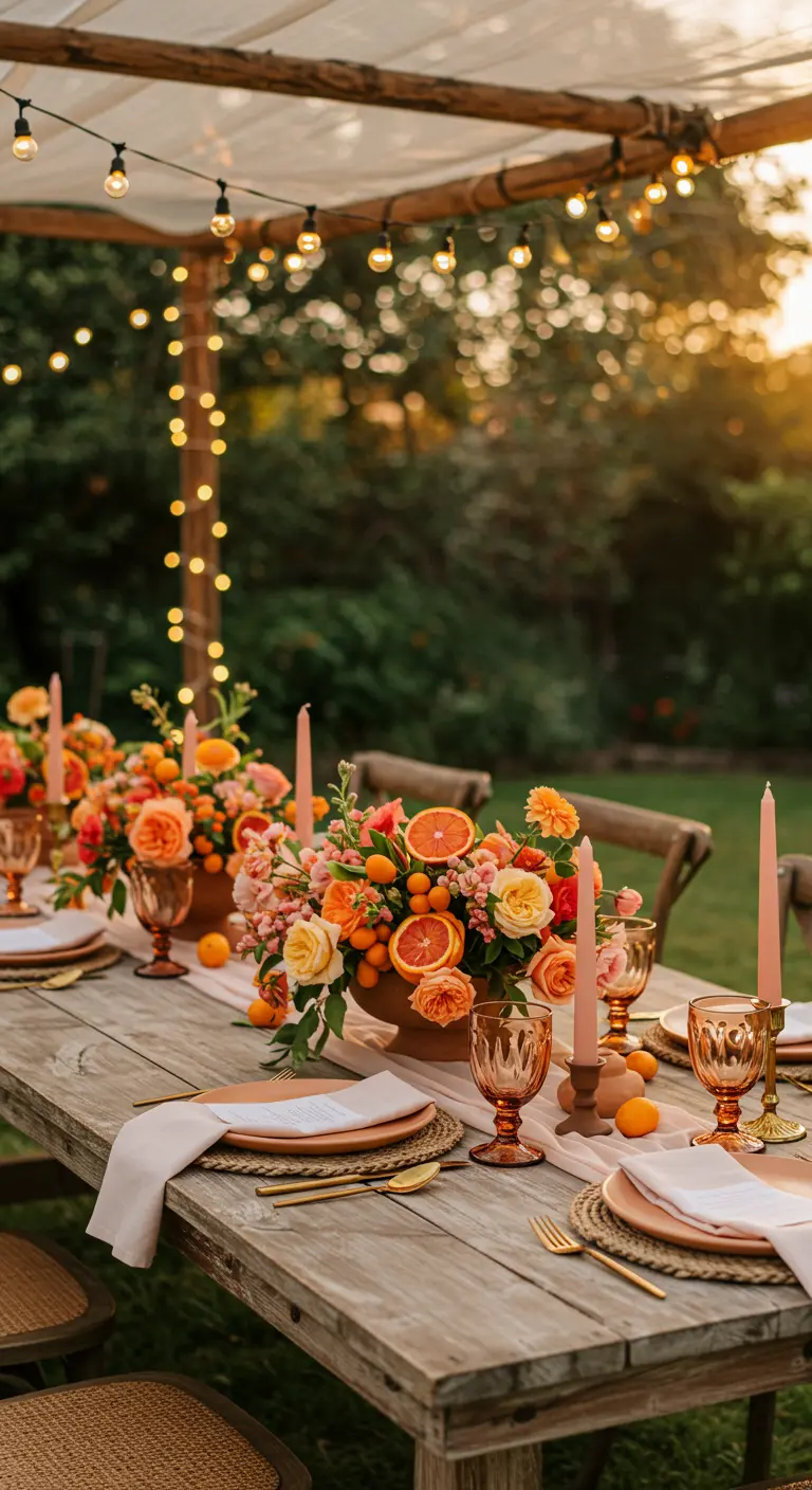 A rustic table at dusk with orange and pink floral arrangements featuring sliced citrus.
