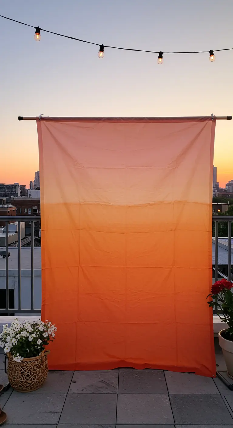 An orange and yellow ombre fabric banner on a rooftop at sunset