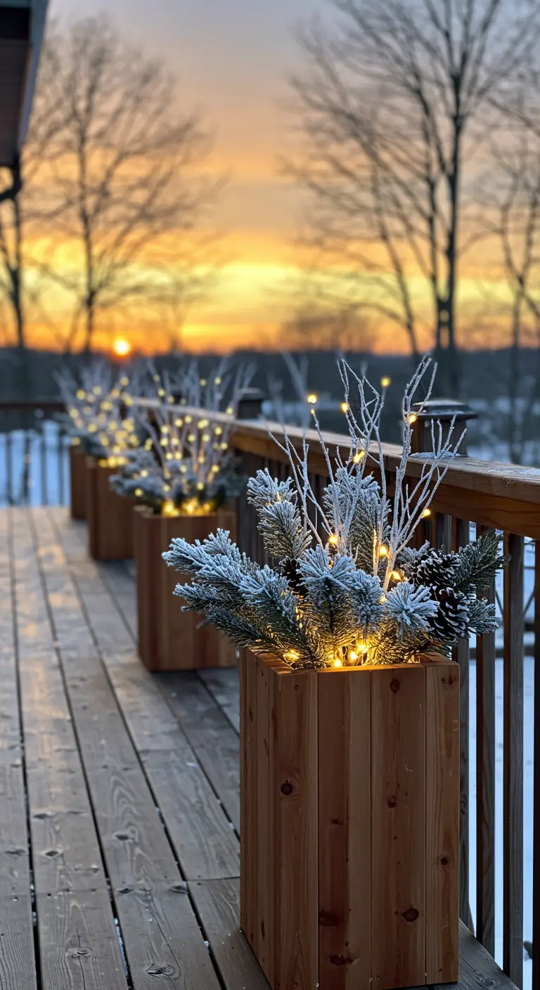 A row of wooden planters with frosted pine on a deck at sunset.