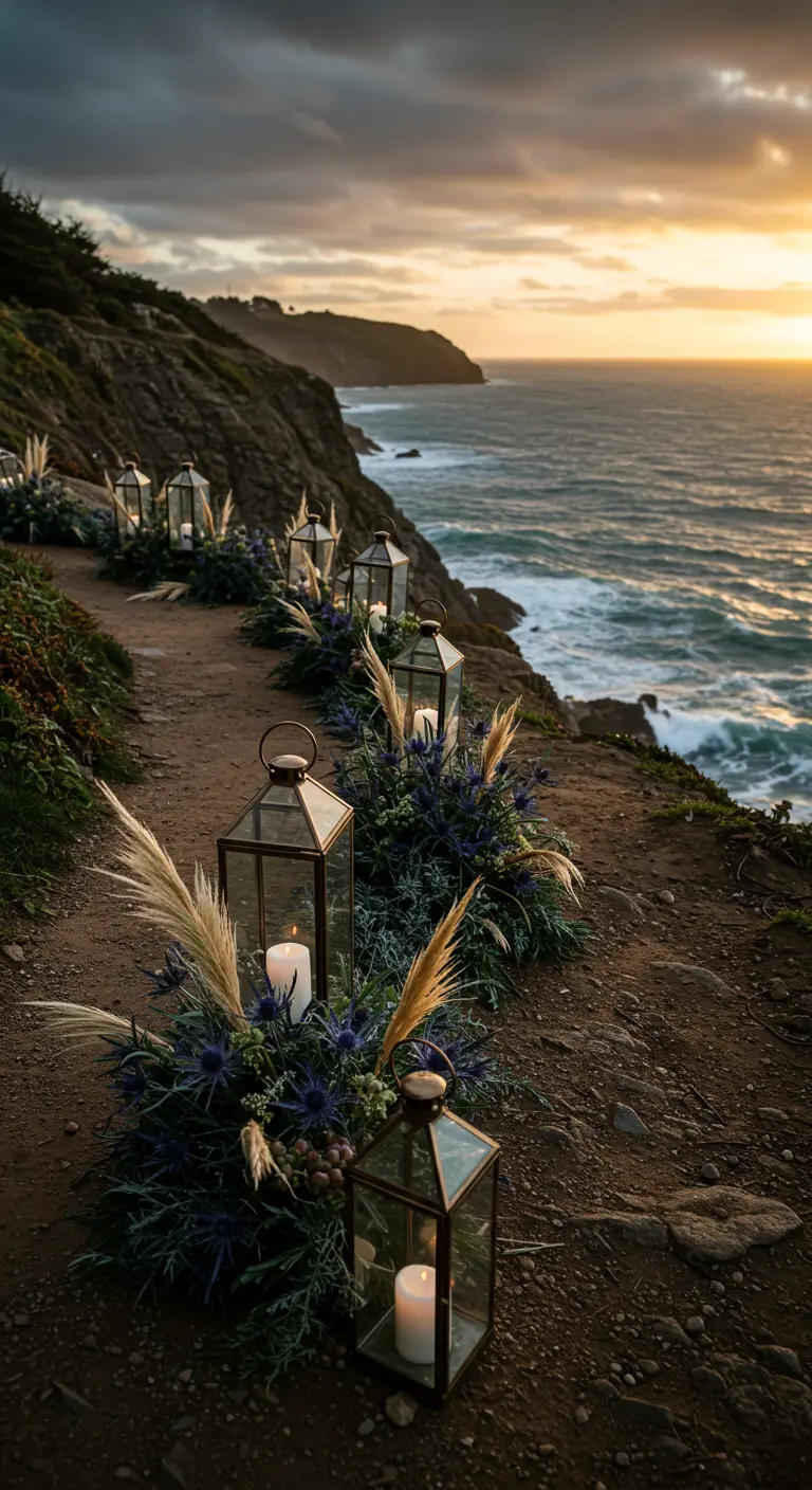 A coastal cliff path at sunset with lanterns and blue thistle.