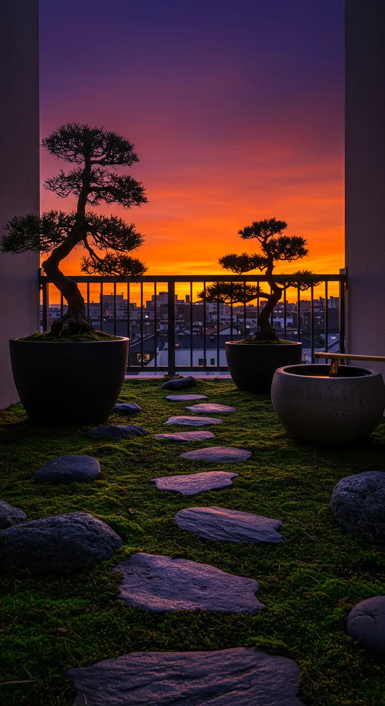 A moss-covered balcony with dark stepping stones and two bonsais silhouetted against a sunset.
