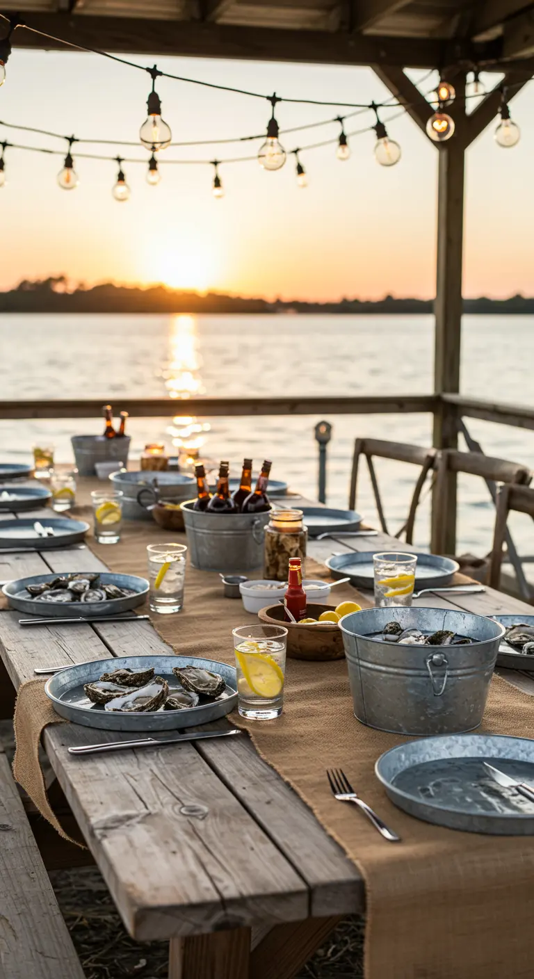 A rustic oyster roast on a dock at sunset, with galvanized buckets and burlap.