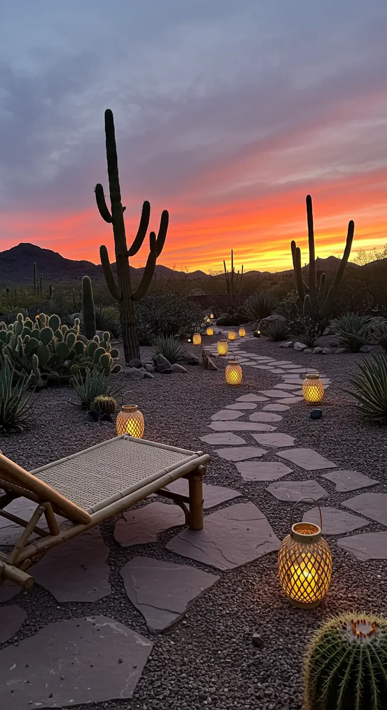 A winding stone path in a desert garden lit by woven lanterns at sunset, with a bamboo lounger.