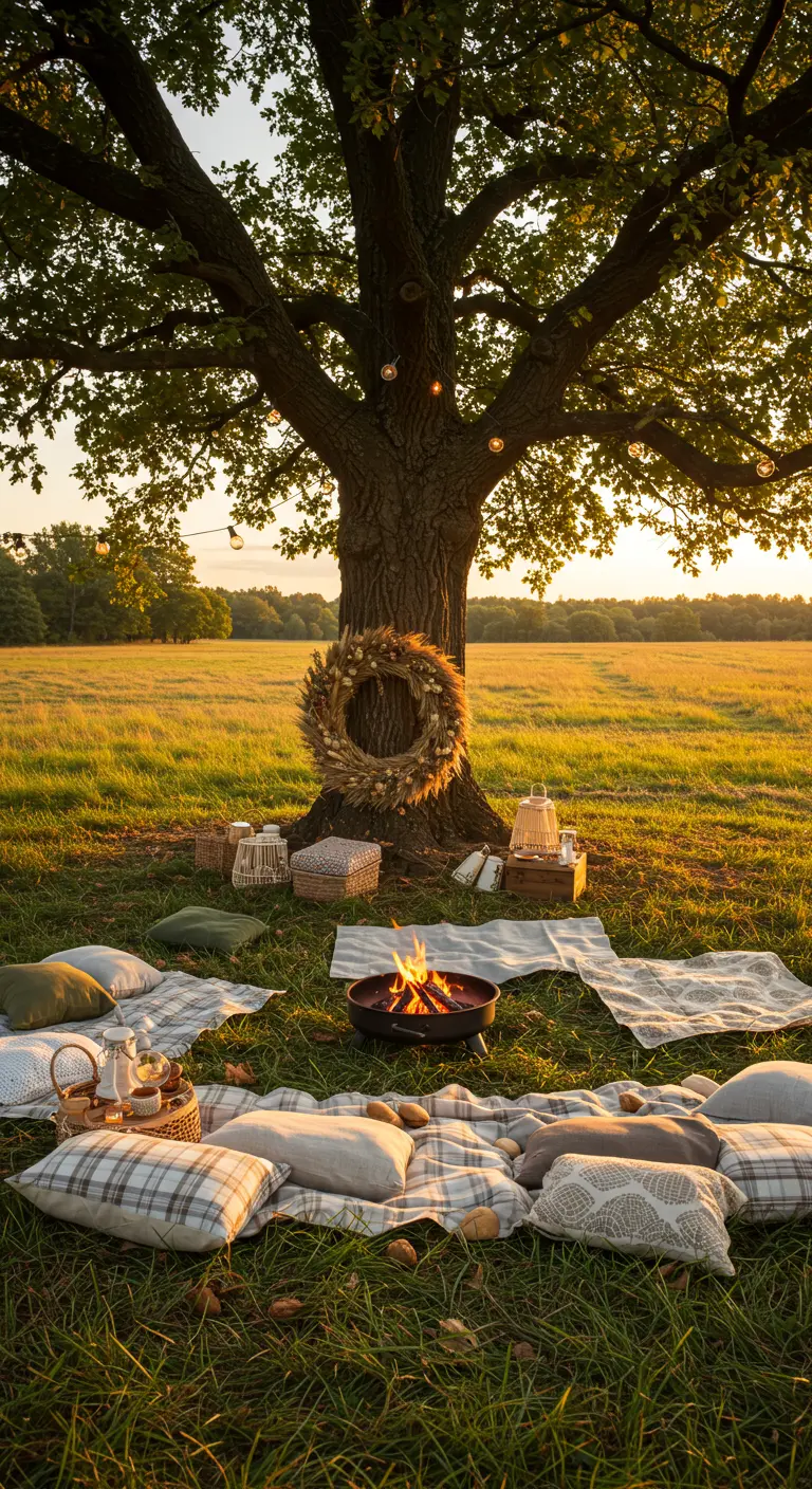A cozy picnic setup in a field with blankets, pillows, and a small fire pit at sunset.