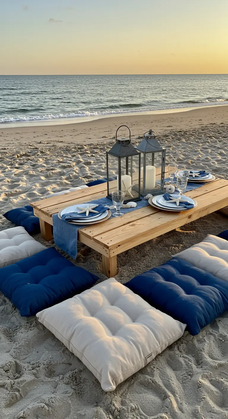 A low wooden picnic table on the beach at sunset, surrounded by navy and white floor cushions.