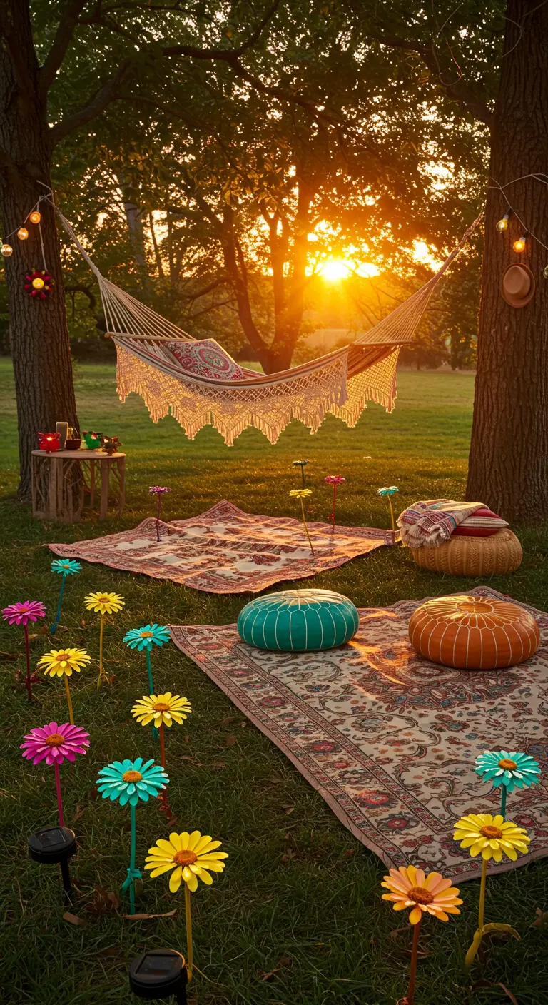 A boho picnic scene at sunset with colorful solar daisy lights, rugs, and poufs.