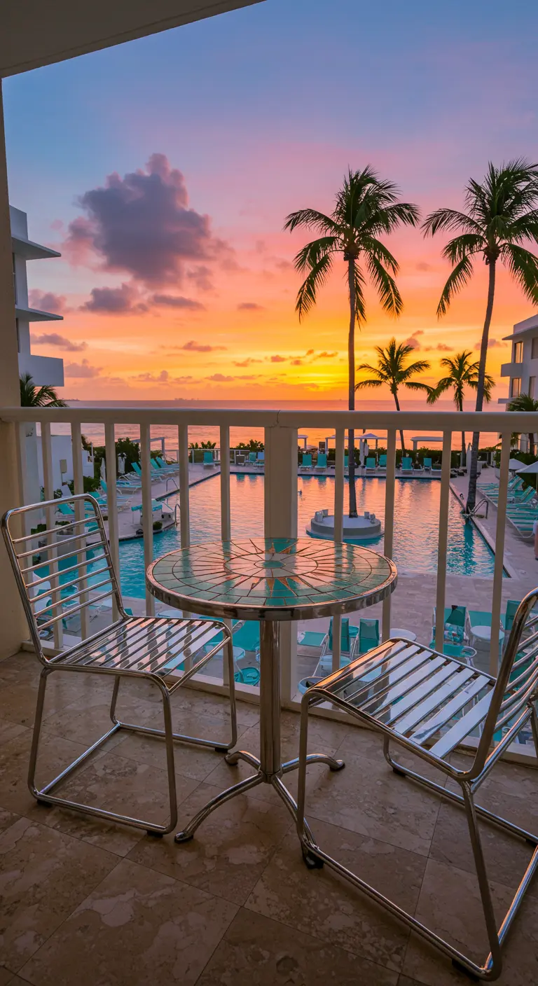 Chrome bistro set with a mosaic table on a balcony overlooking a pool at sunset.