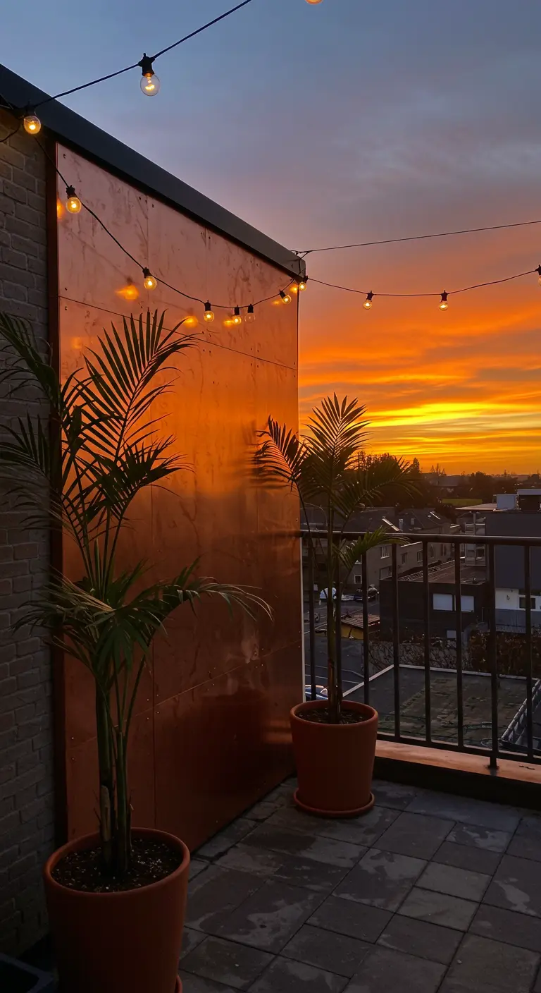 A balcony with a large, reflective copper wall panel glowing at sunset, with string lights.