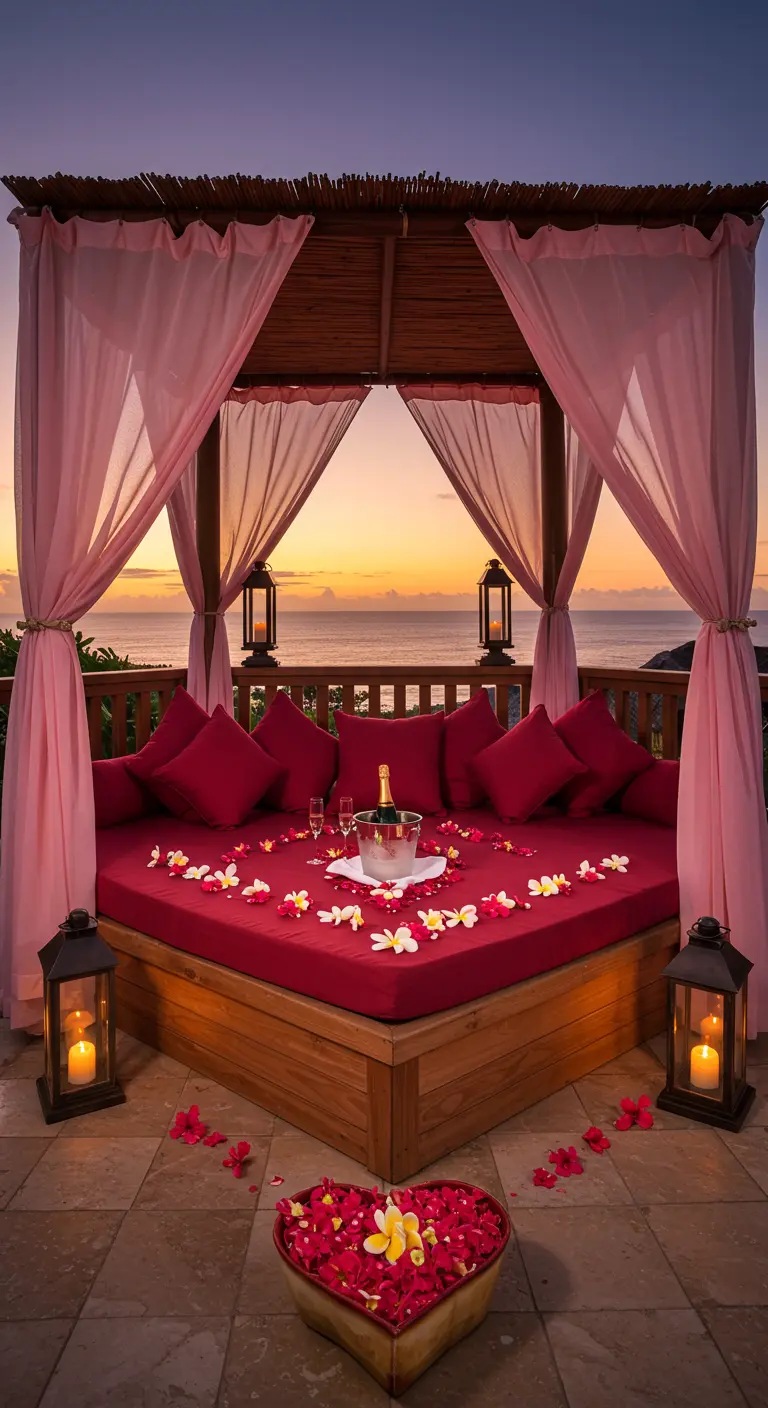 Teak daybed with red cushions and pink drapes, decorated with scattered petals and champagne.