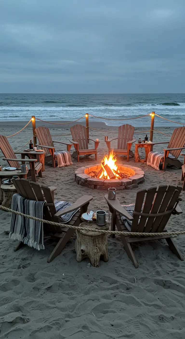 Beach bonfire at dusk with Adirondack chairs arranged in a circle.