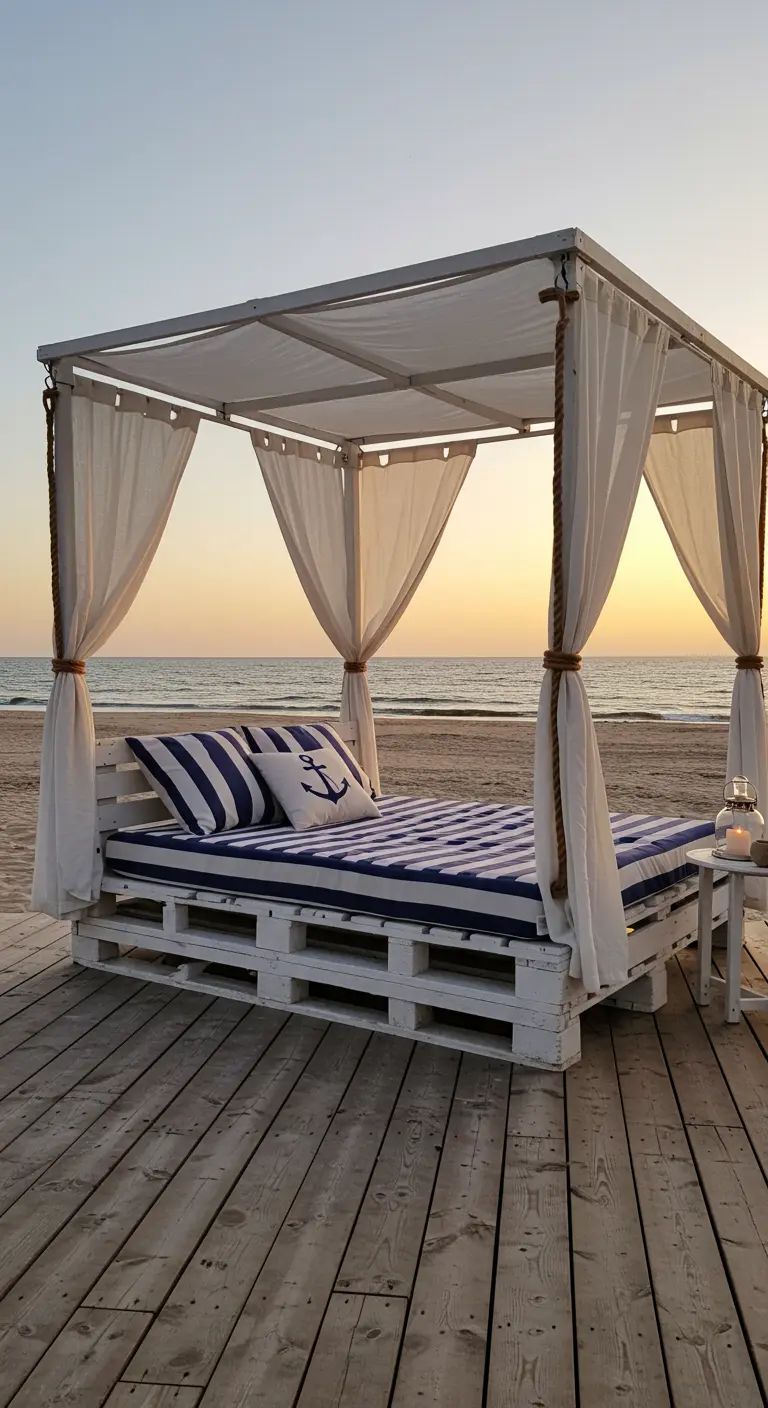 White pallet canopy bed on a beach deck with navy and white striped cushions.