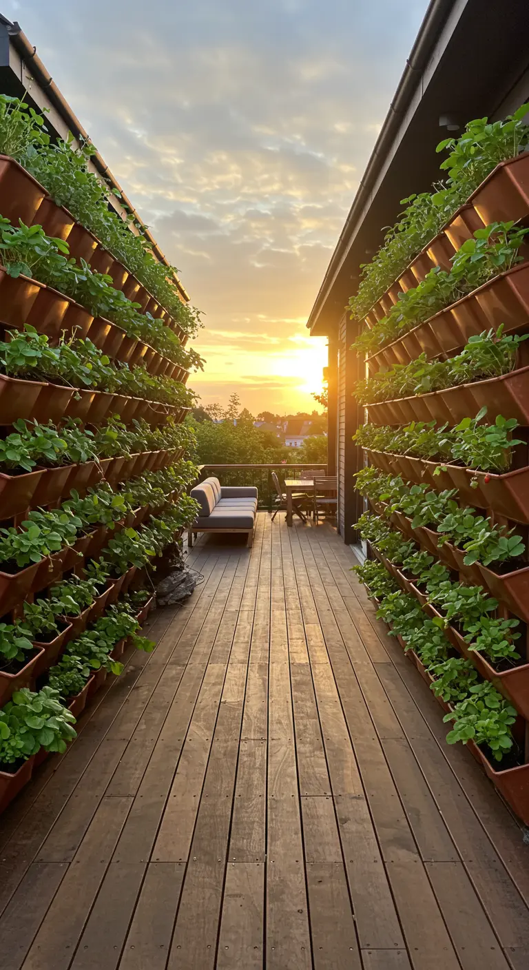 Extensive copper vertical gardens with strawberries flanking a deck at sunset