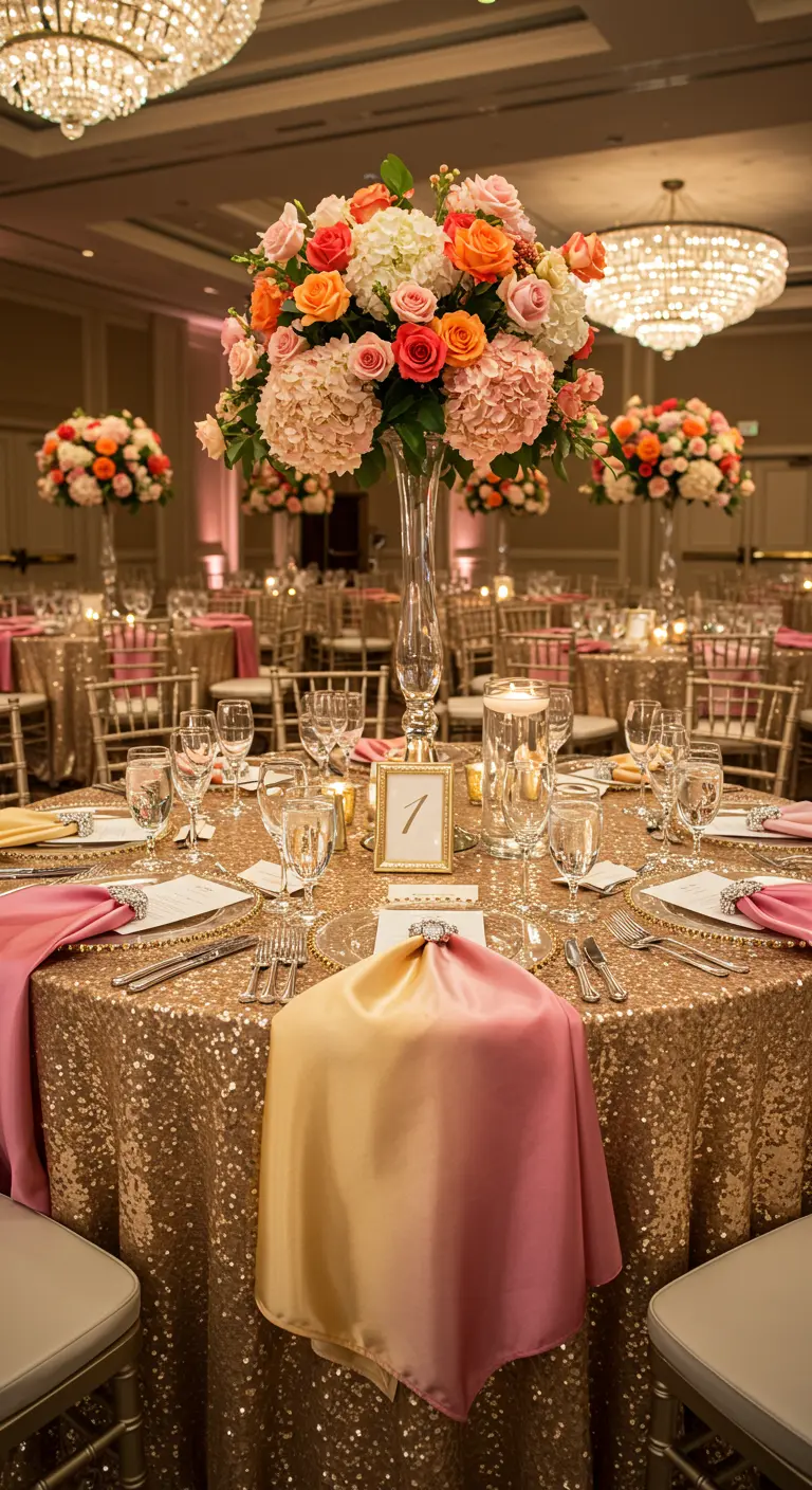 Glamorous wedding table with a gold sequin tablecloth and tall floral centerpiece.