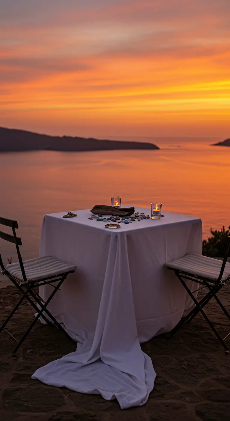 Romantic table for two at sunset with a simple driftwood and sea glass centerpiece.