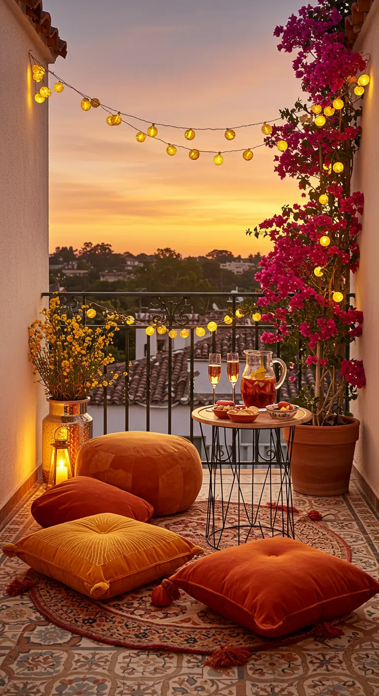 Balcony with colorful bougainvillea, warm string lights, and patterned orange cushions.