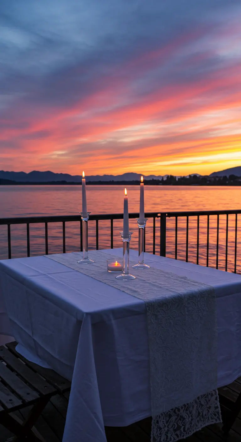 A table set for two by the water at sunset, with a white tablecloth and simple candles.