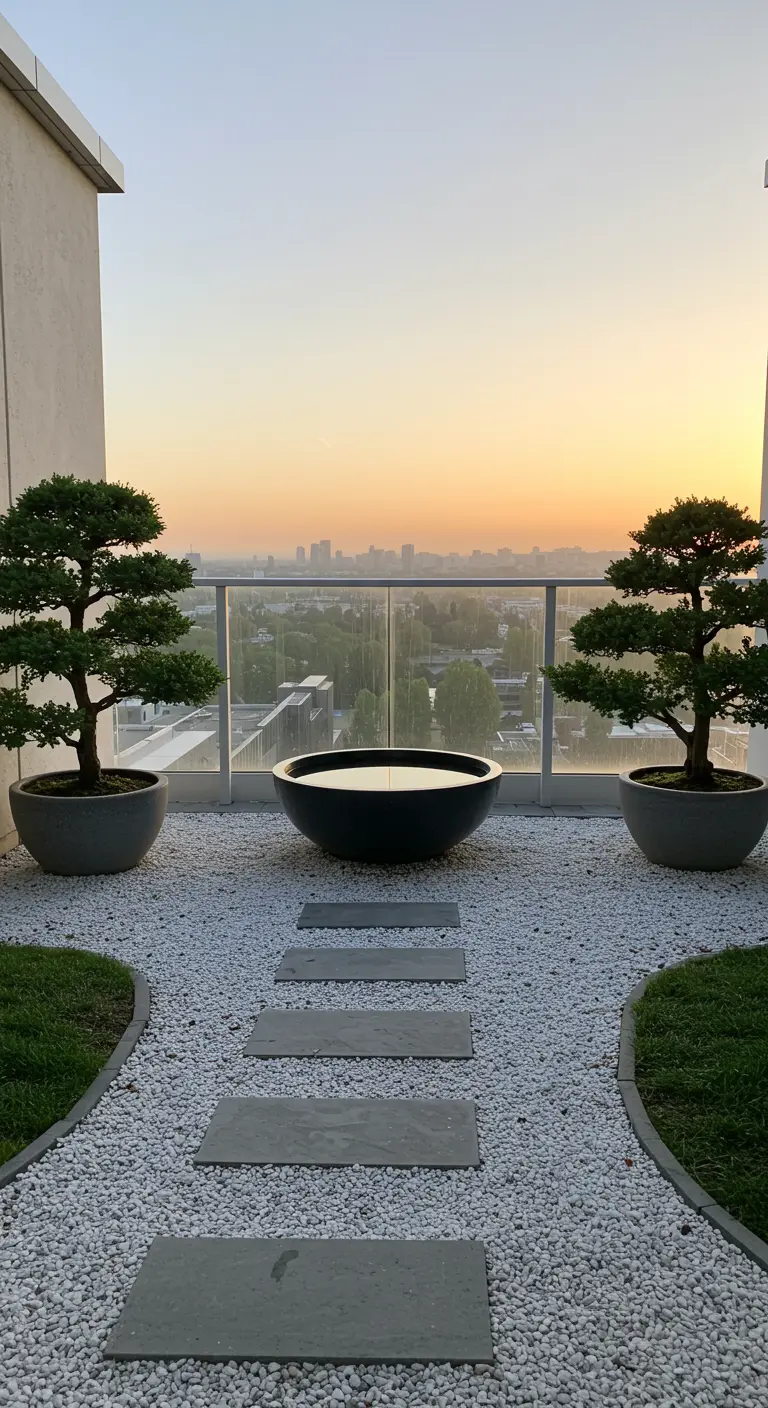 Zen balcony with white gravel, stepping stones, two bonsais, and a water bowl at sunset.