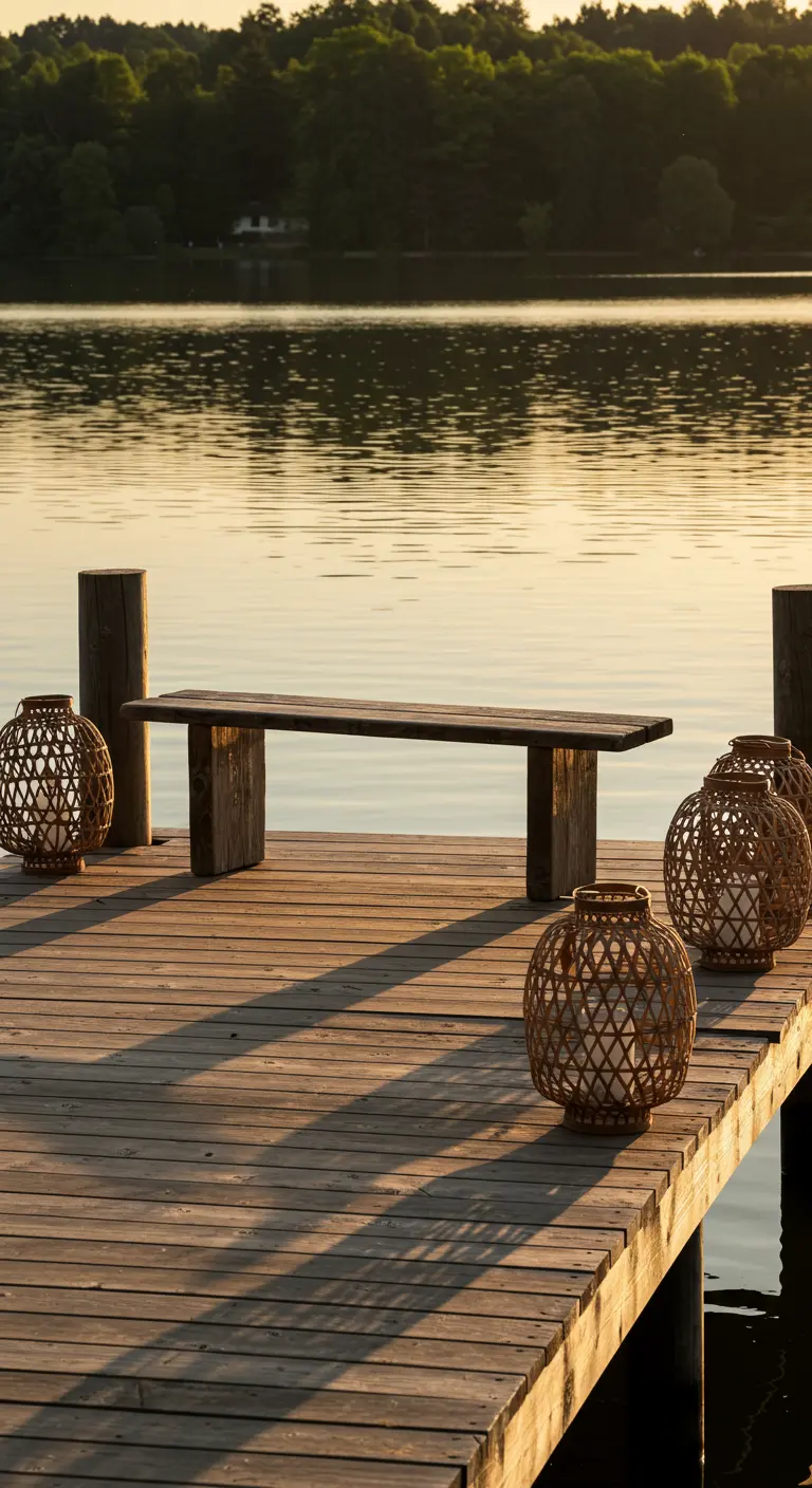A wooden bench on a dock with four wicker lanterns at sunset.