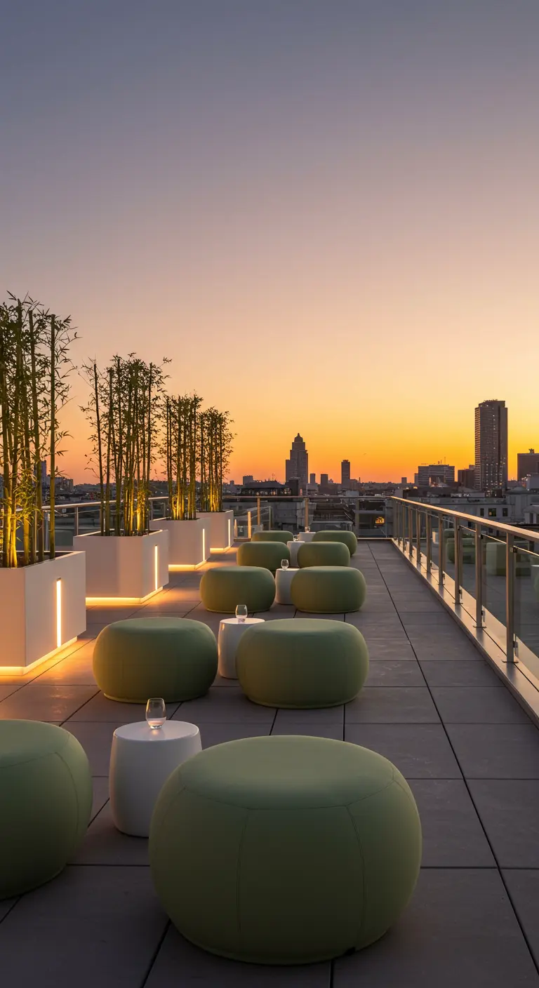 Rooftop terrace at sunset with sage green poufs, white side tables, and bamboo in planters.