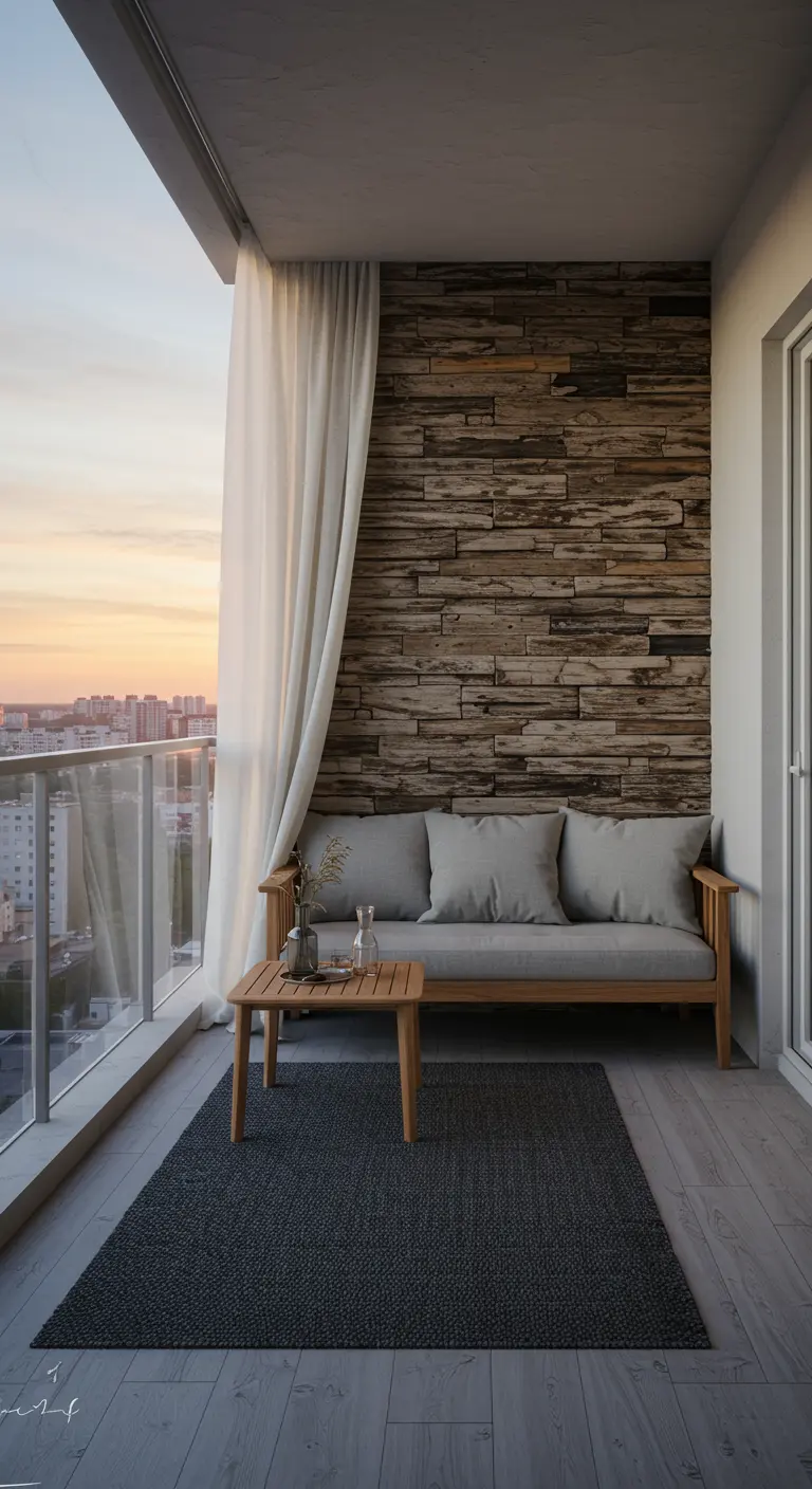 A modern balcony with a stacked stone accent wall, gray sofa, and a view of the sunset.