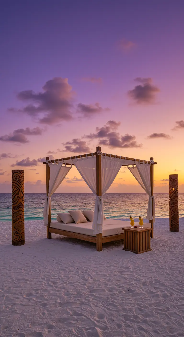 Teak daybed with white drapes and carved tiki poles on a sandy beach at sunset.